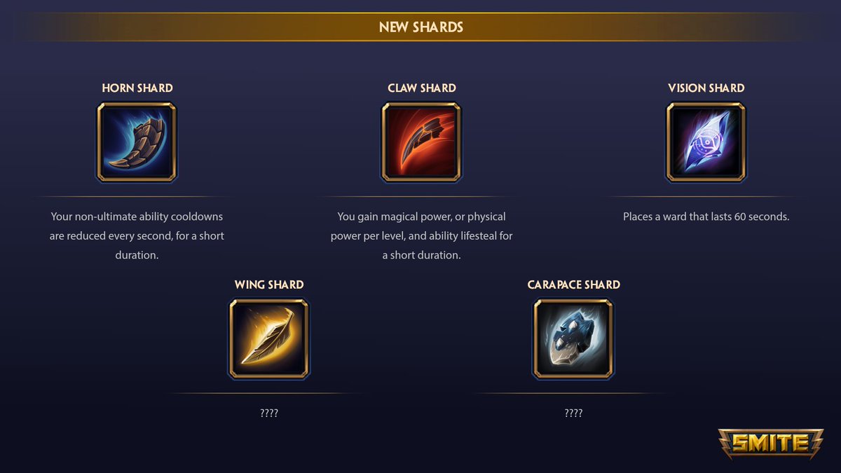 SMITEGame's tweet photo. SMITE Year 10 is shaking things up with SWEEPING game and balance updates!

A new type of active ability called Shards, new unique Class passives, and over 45 Item changes are heading your way. We'll be going over all the details on the Fire Giant Update Show next week! https://t.co/0LFtp1wOST