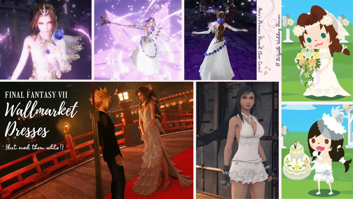 AerisGainsboro3's tweet photo. #FinalFantasyVII is a tough one, as there's no white dress in the main game(s).
However, Aerith wears a white princess dress in the upcoming Ever Crisis, in #FFBrigade, Aeris and Tifa wear bridal dresses, and try modding their Wallmarket dresses white for a wedding vibe! ๐ฐ https://t.co/Bhrpuzr2xS