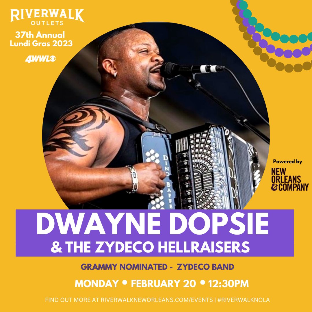 RiverwalkNOLA's tweet photo. Riverwalk's 37th Annual Lundi Gras (2023) Musical Line-Up Announced🔥: Grammy Nominated Zydeco Band @DwayneDopsie + Zydeco Hellraisers, GoGo Brass Funk Band @BrassAHolics, and Funk Rock Band @flowtribe. 🎷🎸
#RiverwalkNOLA #flowtribe #dwanedopsie #zydecohellraisers #brassaholics https://t.co/irJg72fsdO