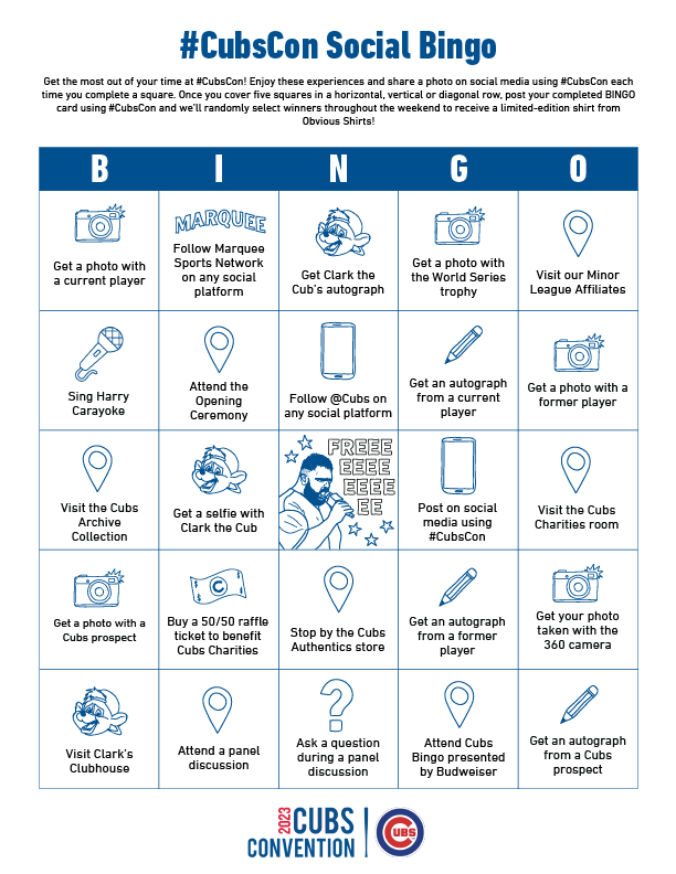 Cubs's tweet photo. Play #CubsCon Social Bingo all weekend long for a chance to win limited-edition @obvious_shirts! https://t.co/i6NiLcLUKM