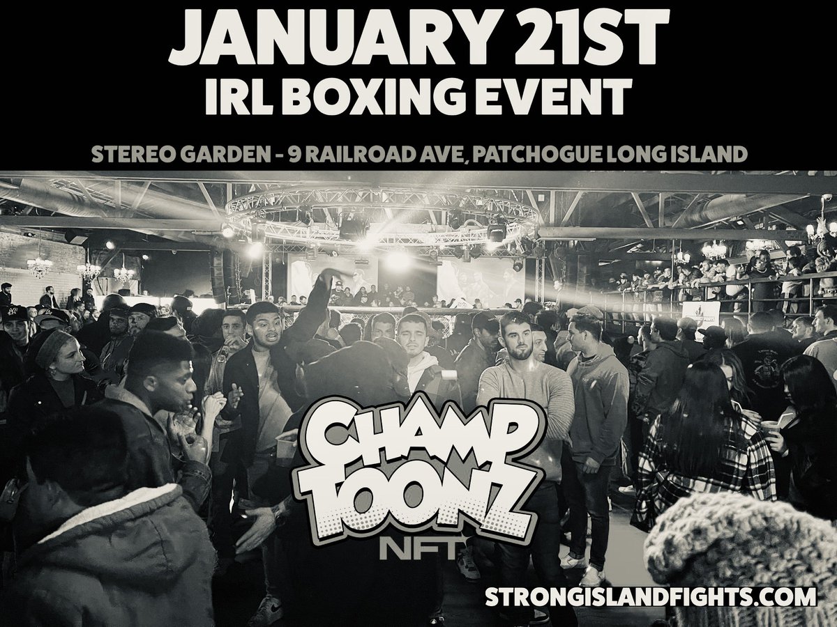 smanius16's tweet photo. IRL - CHAMPTOONZ BOXING EVENT

🏆 SIX BOROUGH CHAMPIONSHIP 
FOUNDED BY 2x GOLDEN GLOVE: @KristianVasquez 

🏟️9 RAILROAD AVE, PATCHOGUE, NY 11772 #irl #boxing #NFT #web3 #champ #champtoonz https://t.co/WmImUYqGBx