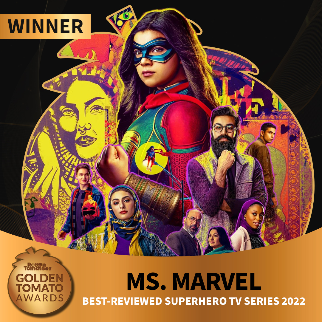 OneTakeNews's tweet photo. #MsMarvel has won Best-Reviewed Superhero TV Series of 2022 Golden Tomato Award.

Scoring an impressive 98% on @RottenTomatoes, #MsMarvel currently holds the highest score of any project in the Marvel Cinematic Universe.

Read our review: https://t.co/Yxys402mmq https://t.co/bUSCxzvQL1