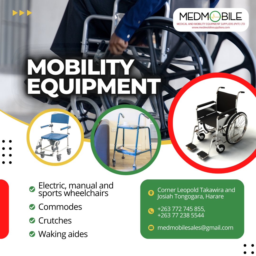 We supply quality medical and mobility equipment in Zimbabwe 
✅ Hospital Furniture and Equipment
✅ Mobility Equipment
✅ Corsets and Orthopedic Appliances
✅ Rescue and Ambulance Equipment
Find us at Corner Leopold Takawira &amp; Josiah Tongogara St, Harare or Call +263 77 238 5544