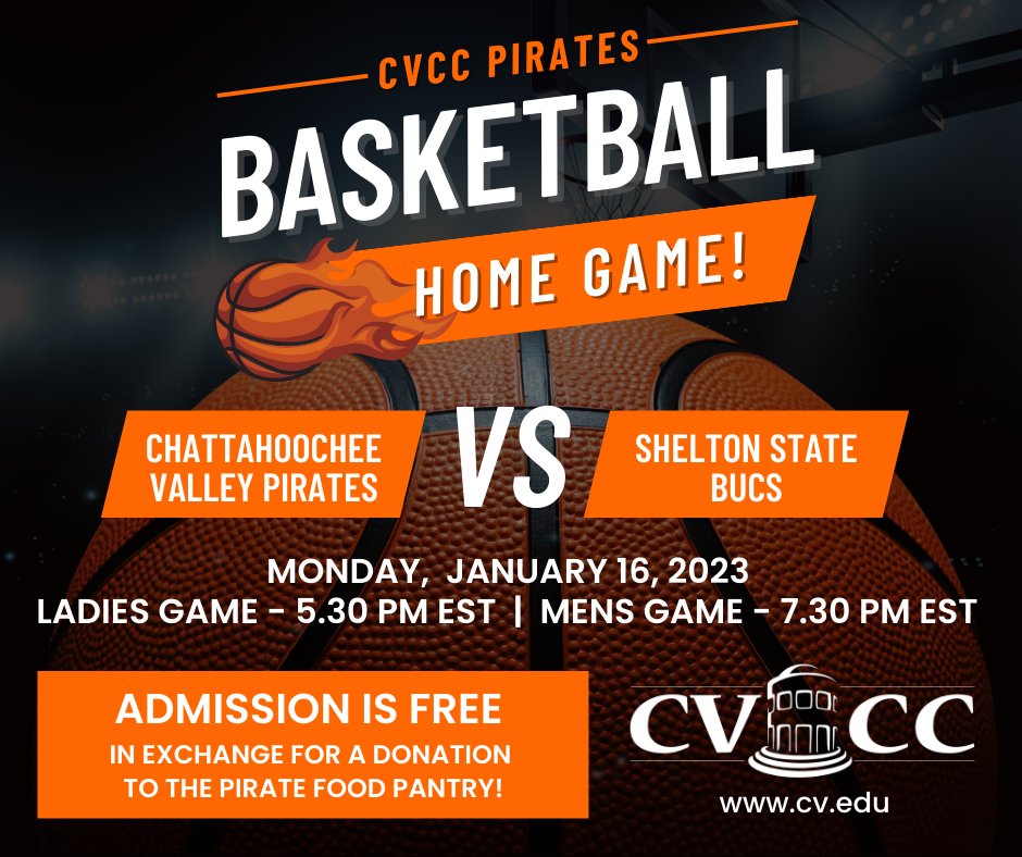 Chattahoochee Valley (@cvccpirates) on Twitter photo Come out this Monday night, January 16th, and support the #CVCCPirates as they take on the Shelton State Bucs!  In celebration of #MLKDay2023, admission is FREE in exchange for a donation to the Pirate’s Food Pantry. We look forward to seeing you! 
#GoPirates #PiratesBasketball Come out this Monday night, January 16th, and support the #CVCCPirates as they take on the Shelton State Bucs!  In celebration of #MLKDay2023, admission is FREE in exchange for a donation to the Pirate’s Food Pantry. We look forward to seeing you! 
#GoPirates #PiratesBasketball