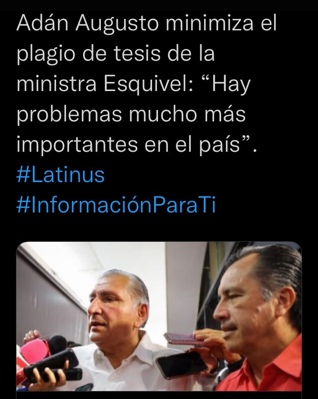FerAlcazar4's tweet photo. Imagínate el tamaño de los problemas que tiene 🇲🇽 para que un “Secretario de Estado” @adan_augusto  salga a decir que NO hay que darle importancia al plagio de una tesis que la acredita como “abogada” a un miembro de la @SCJN  y así quiere ser presidente! https://t.co/Yg9nZlPcBp