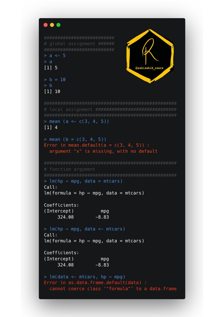 What is the difference between the assignment operators "<-" and "=" 🤔👇

💡 Use "<-" is for assignment, and "=" is for function arguments 

#rstats