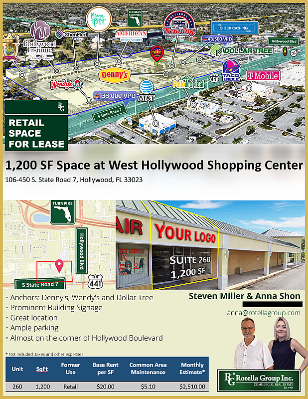 RotellaGp's tweet photo. Available space for lease located at 260 S. State Road 7, Hollywood, Broward County, in the Southeast Florida Market, almost on the corner of Hollywood Boulevard.
Call Anna Shon for more Information.
954-568-9015 ext. 223
anna@rotellagroup.com
#floridarealestate #localbusiness https://t.co/6T4xgWrc3f