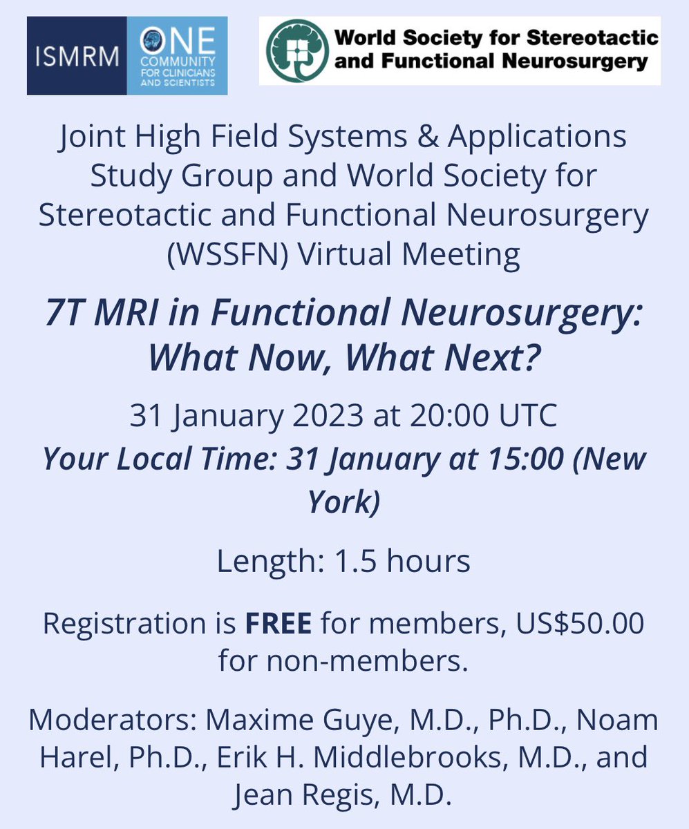Looking forward to this timely discussion on #7T in functional neurosurgery hosted jointly by <a href="/ISMRM/">ISMRM</a> and #WSSFN! Be sure to join experts from around the world! #Neurosurgery #NeuroRad <a href="/SeizureSurgeon/">Sanjeet Grewal, MD</a> <a href="/NoamHarel_MN/">Noam</a> @MaxGuye 

ismrm.org/virtual-meetin…