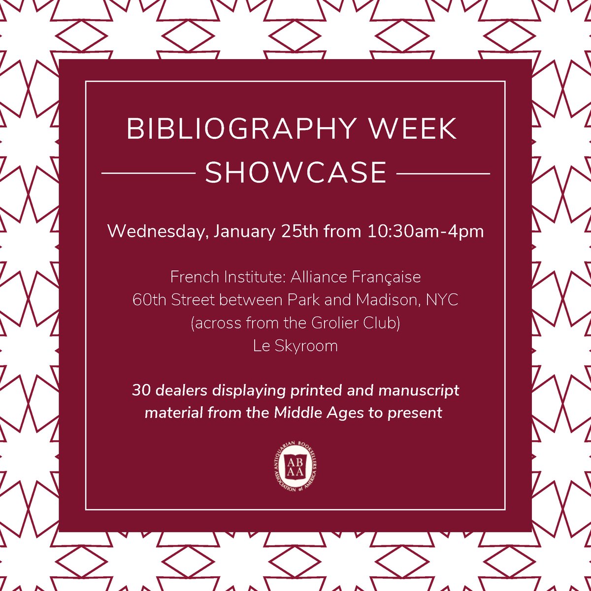 ABAA49's tweet photo. Don't miss the ABAA Bibliography Week Showcase!
Jan. 25, 2023 (10:30am-4:00pm)
Join 30+ exhibitors offering #rarebooks, #maps, #ephemera & more for sale at the #BibWeek Showcase at the French Institute: Alliance Française on East 60th Street, NYC.
https://t.co/vIb3liiWP8 https://t.co/tKKCOPcyYt