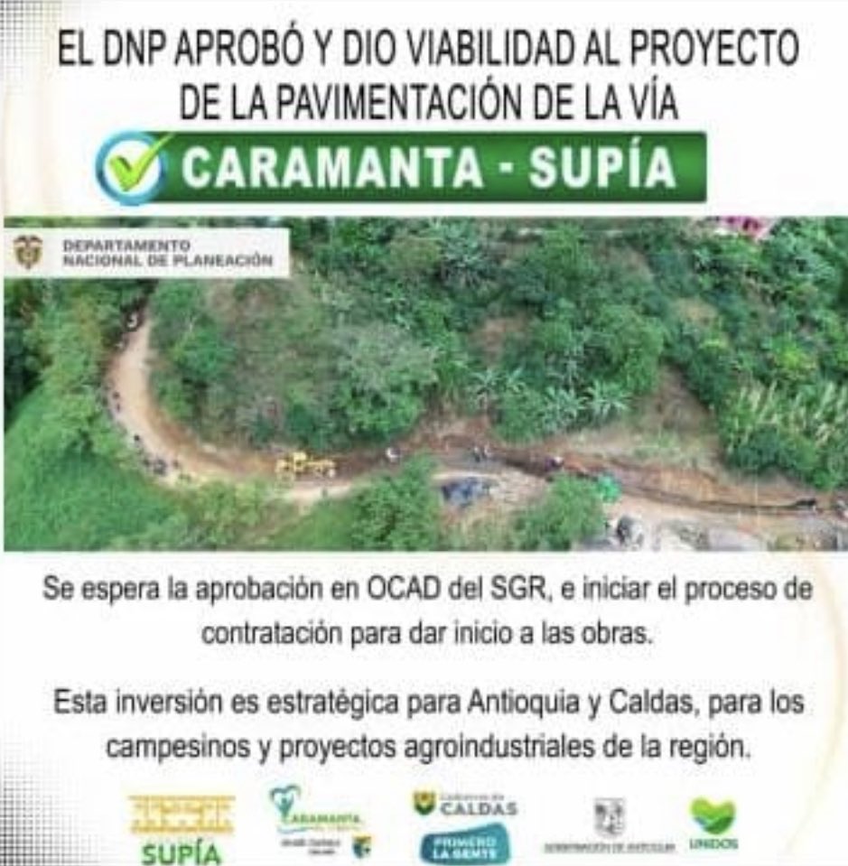 Palabras de absoluta gratitud para nuestro Gobernador Anibal con el equipo de trabajo; también al Gobernador de Caldas; Alcalde de Supía y al Gobierno Nacional; este año empezará la Pavimentación y será un logro histórico para la región. <a href="/anibalgaviria/">Aníbal Gaviria Correa</a> <a href="/GobAntioquia/">Gobernación de Antioquia</a>
