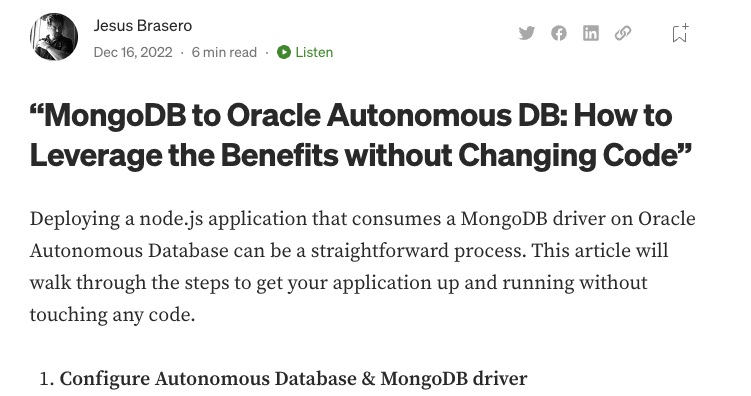 bch_t's tweet photo. ‘MongoDB to Oracle Autonomous DB: How to Leverage the Benefits without Changing Code’ by Jesus Brasero https://t.co/iTjRN4Im6X 

#Oracle #MongoDB #JSON #autonomousDatabase https://t.co/OqshzhZAgO
