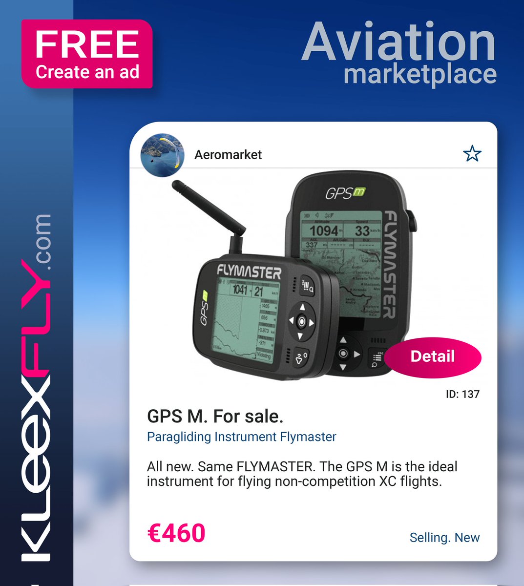Kleexfly's tweet image. GPS M. Paragliding Instrument Flymaster. For sale.

kleexfly.com/wp/ads/ad/?ad_…

#GpsM #Flymaster #Aeromarket #Aircraft #Helicopters #Gliders #Schools #Jobs #Drones #Skydiving #Paragliding #Speedflying #Kiting #Selling