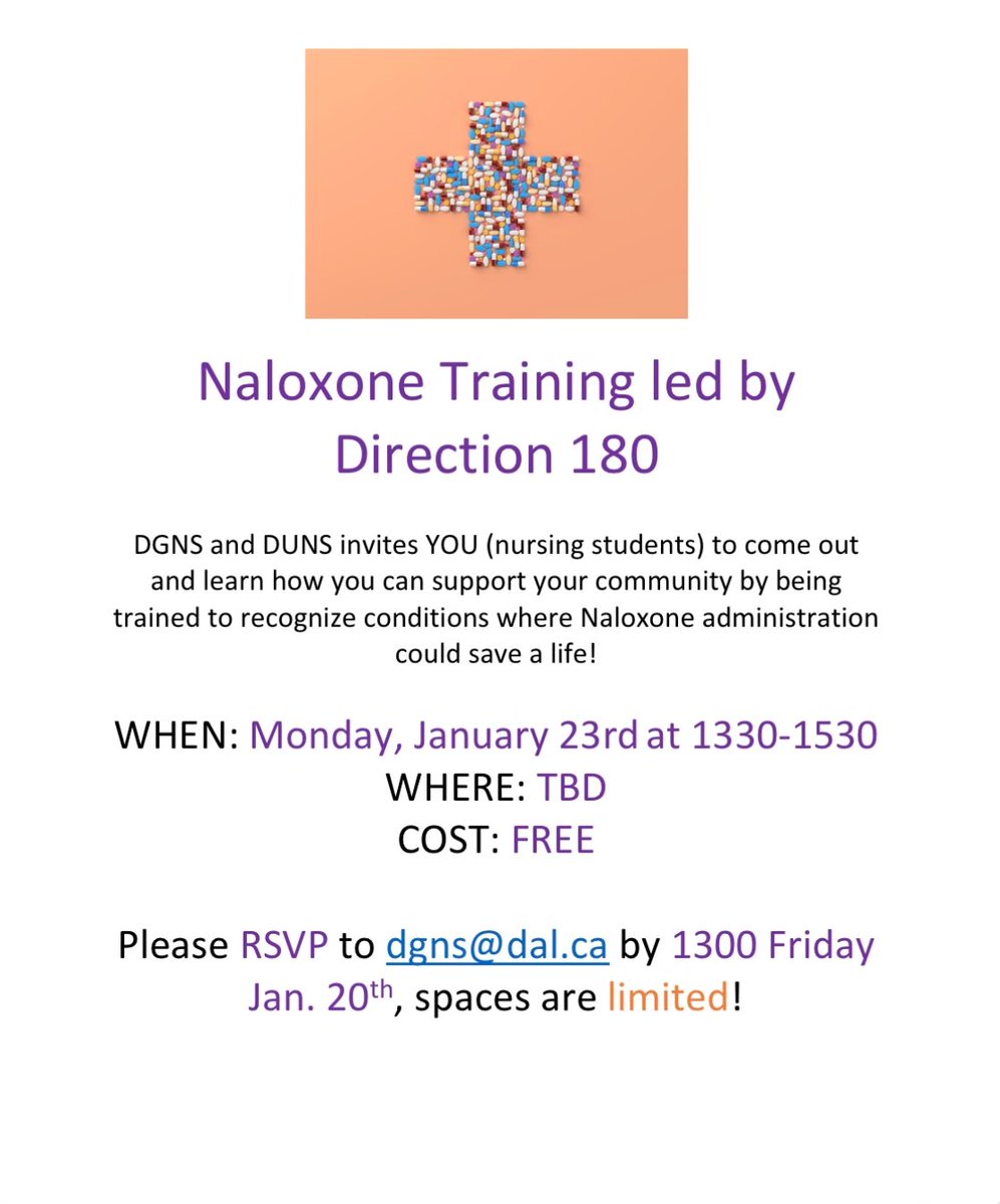 DalGradNursing's tweet photo. DGNS and DUNS are inviting all Dalhousie nursing students and graduate nursing students to participate in free naloxone training provided by Direction 180! Please see the following for details on registration and location: https://t.co/IiErTRdrt1