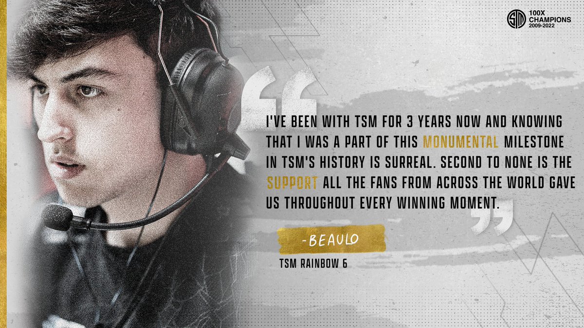 TSM's tweet photo. We asked R6 legend @TSM_Beaulo what it means to have contributed to an immense part of TSM's legacy.

#TSM100 https://t.co/rzxkcywKCA