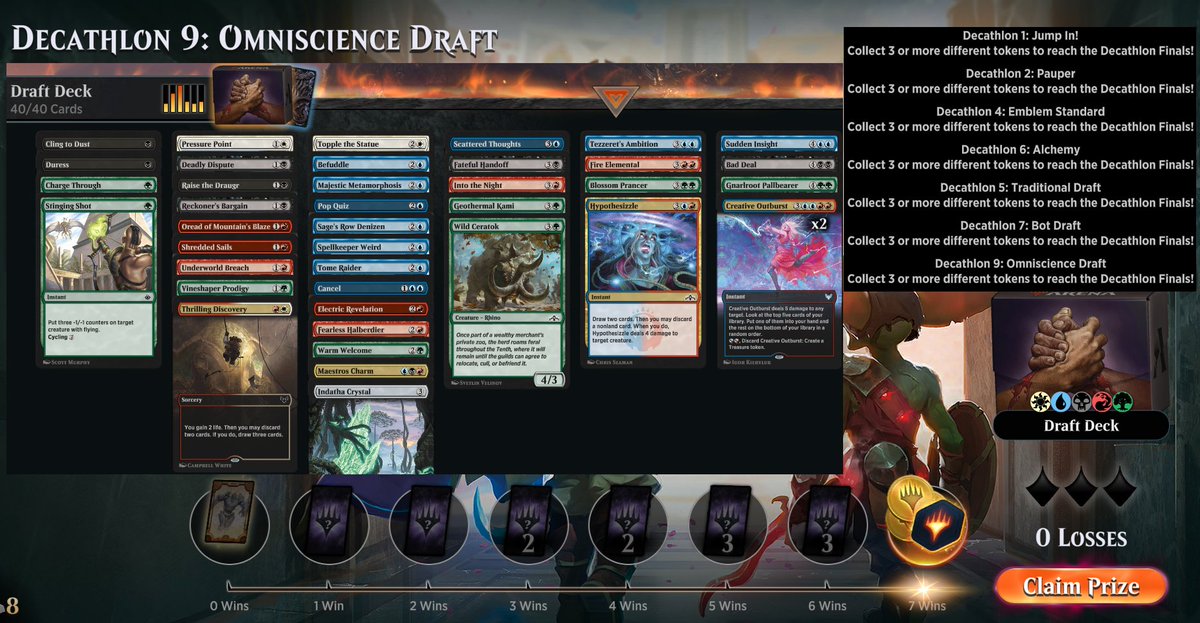 Decathlon 9
Good: draw, counterspells, discard, cycling, flashback
Bad: vanilla creatures, removals, losing the die roll
Ugly: Bad Deal

7 tokens acquired 🏆
GL everyone in the final events! 😊

#MTG #MTGArena <a href="/fireshoes/">Robert Taylor🔥</a>