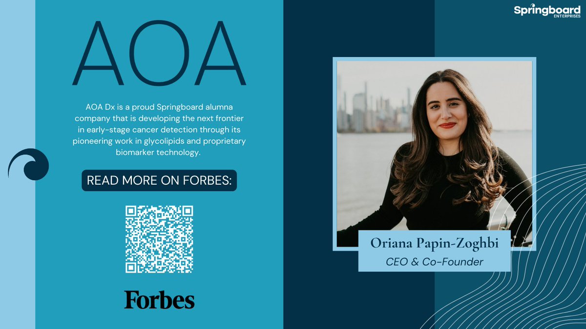 Our Springboard alumna @AOA_Dx is paving the way for women's health by developing the next frontier in early-stage cancer detection. Read more about how Springboard is paving the way for women entrepreneurs in @Forbes: bit.ly/3ZozC5F! #femalefounders #womenshealthcare