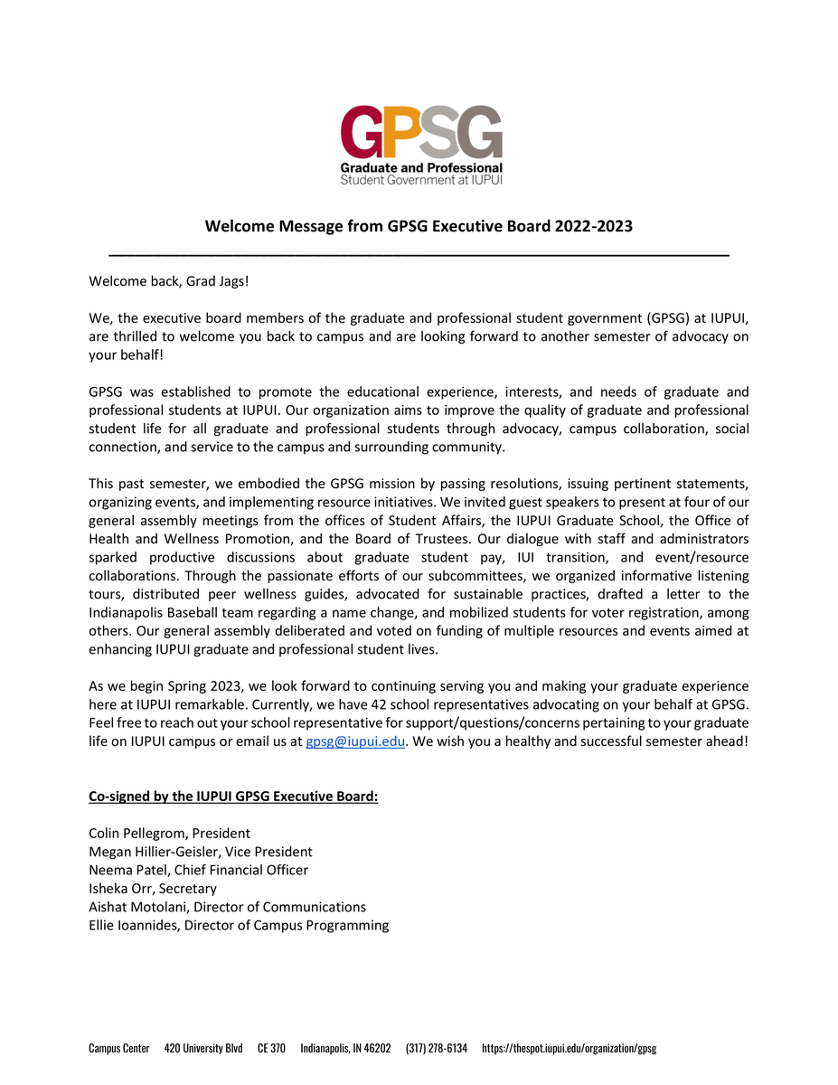 GPSG_IUPUI's tweet photo. The GPSG executive board extends a warm welcome to all new and returning graduate and professional students. Go Jags π
.
Read welcome statement below.
#spring2023 #iupui #gradjag https://t.co/zZWM0lA5Dk