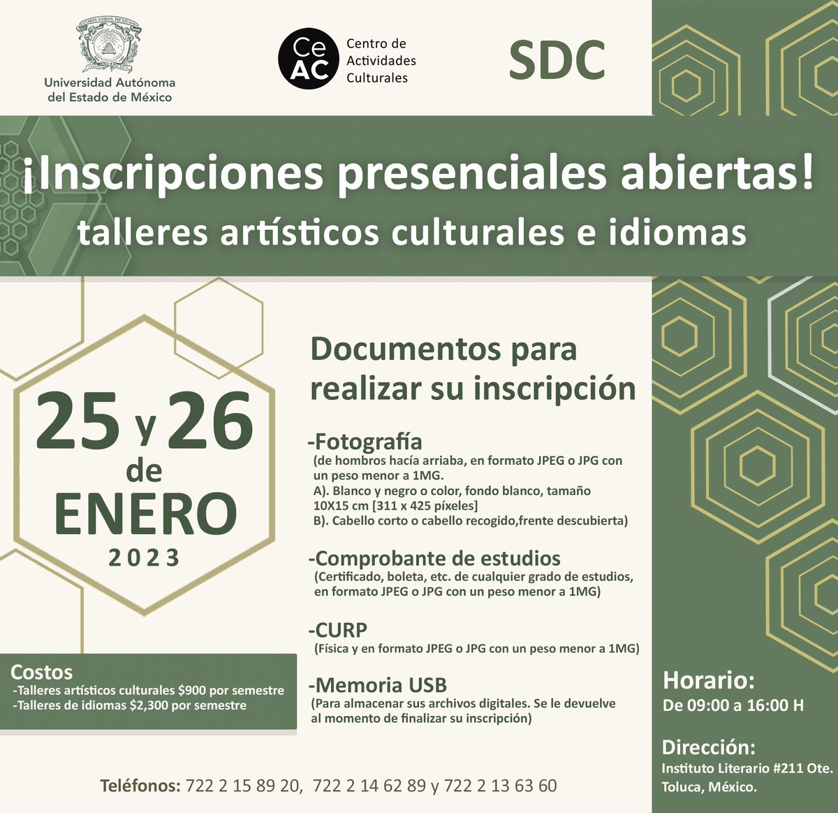 CeAC_UAEMex's tweet photo. ¡Tenemos segunda vuelta de inscripciones (presenciales) a los talleres CeAC! 

Te esperamos el 25 y 26 de enero, de 09:00 a 16:00 h 

Consulta la oferta de talleres en: https://t.co/4qFCLjMQNC

¡Muchas gracias por su preferencia!

#SomosUAEMéx #SomosCultura #SomosCeAC https://t.co/eHG4uKRsy7