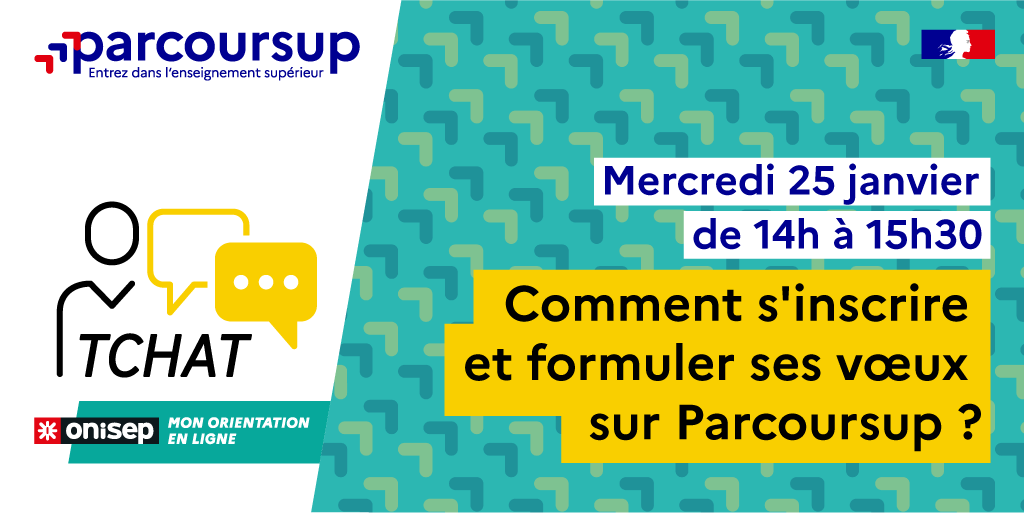 #LaMinuteOrientation ➡️Comment s'inscrire et formuler ses vœux sur #Parcoursup  ? 
📢Les conseillers Parcoursup #MonOrientationEnLigne répondront en direct à vos questions📅Mercredi 25 Janv🕓14h/15h30✍️Commencez à soumettre vos interrogations👉onisep.fr/tchats
#orientation
