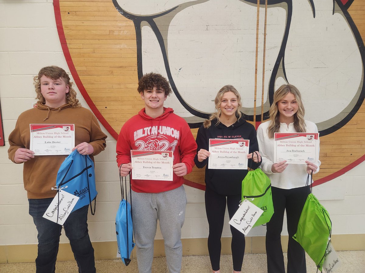 Milton_Union_HS's tweet photo. Congratulations Abbey Credit Union Bulldogs of the Month for December! Luke Deeter, Jenna Brumbaugh, Ava Berberich, and Trevor Brazina! ππππ
#BulldogPride
#CreatingAwesome
#ComMUnity
Milton-Union Schools https://t.co/9HK1Ma9lIP