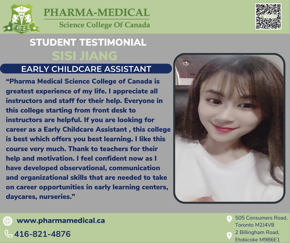 Sisi had an amazing experience in the Early Childcare Assistant program, and the experience she gained has developed her observational and organizational skills. 🎓
.
#pmsc #pharmamedical #earlychildcare #easrlychildcareassistant #canadacollege #canadaeducation #canadaschools