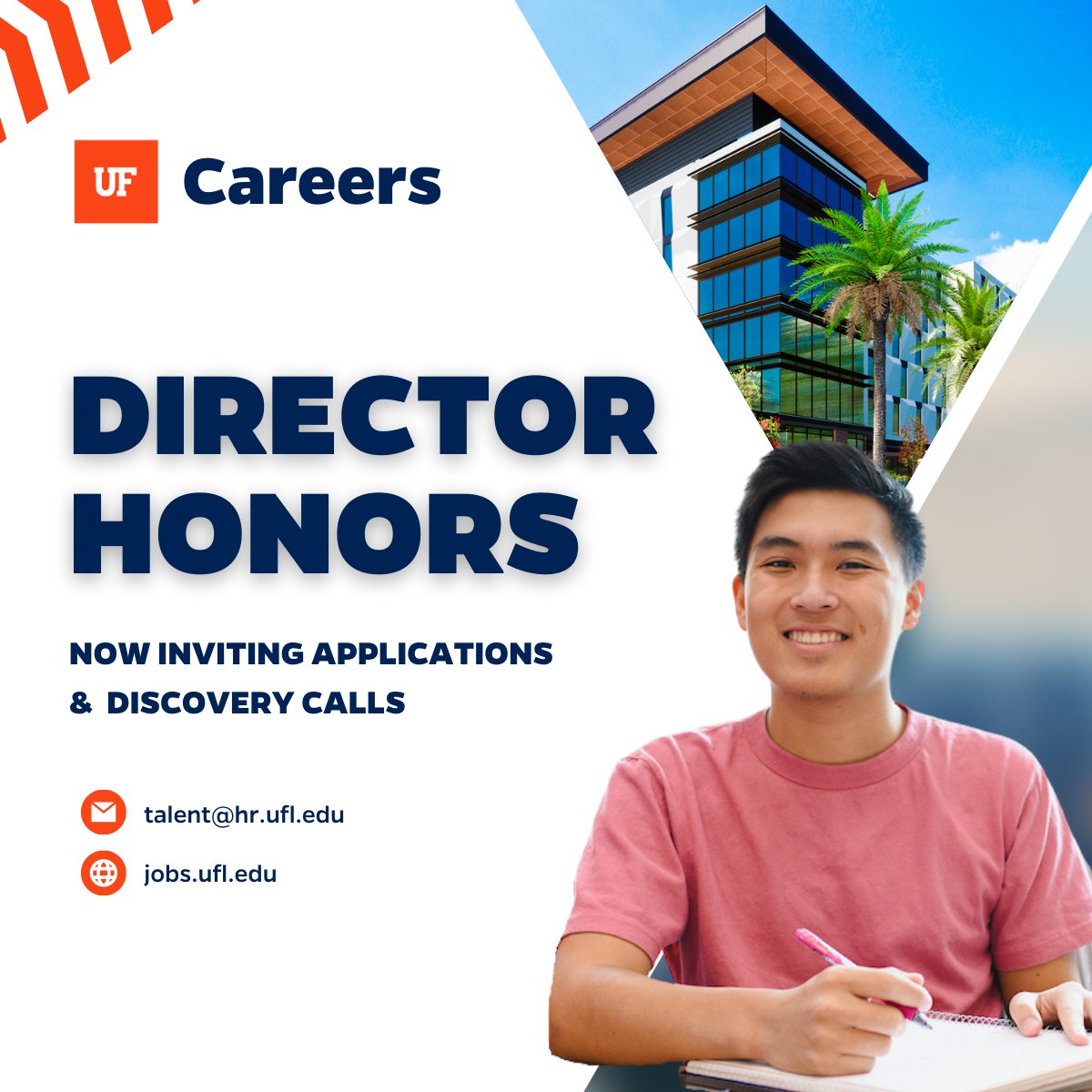 UFHRSTG's tweet photo. The Office of Undergraduate Affairs invites applications, nominations, and discovery calls for the Director of the UF Honors Program opportunity.

Email us to learn more!

LEARN MORE: https://t.co/GWTAkCWAnV 

#honorsprogram #honorscollege #undergraduateaffairs #NACADA #APLU https://t.co/bfAJmmeVs2