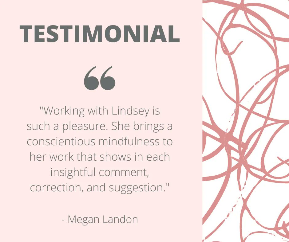 LindseyHEdits's tweet photo. Thank you for the kind words, @meglandonauthor!

"Working with Lindsey is such a pleasure. She brings a conscientious mindfulness to her work that shows in each insightful comment, correction, and suggestion."

#romanceeditor #indieeditor #lineeditor #copyeditor #proofreader https://t.co/TlZewXtYXa