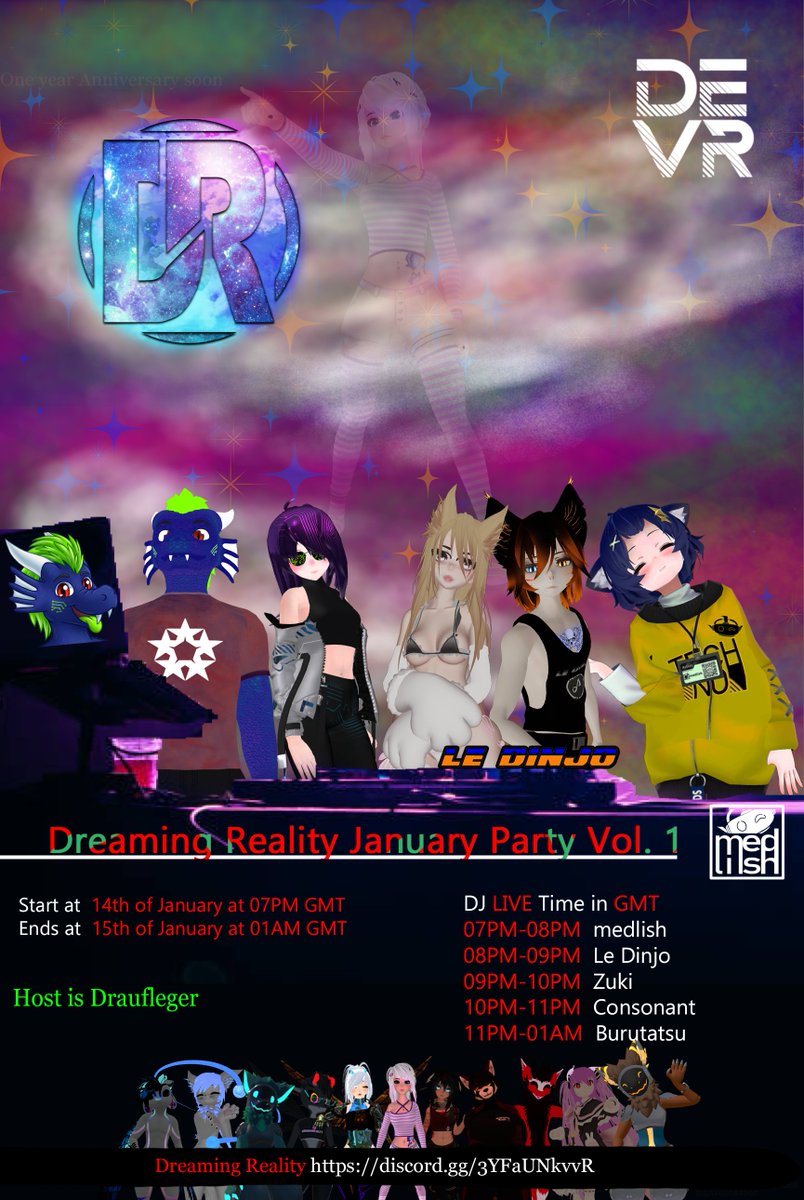 devrdance's tweet image. Saturday night, Danc'in Europe VR (DEVR) dancers team will be performing on stage at Dreaming Reality!
Party starts at 8pm CET/2pm EDT and our dancers will make it on stage at 10pm CET/4pm EDT! Don't forget to add our host for the night to join us! Let's get this party started!