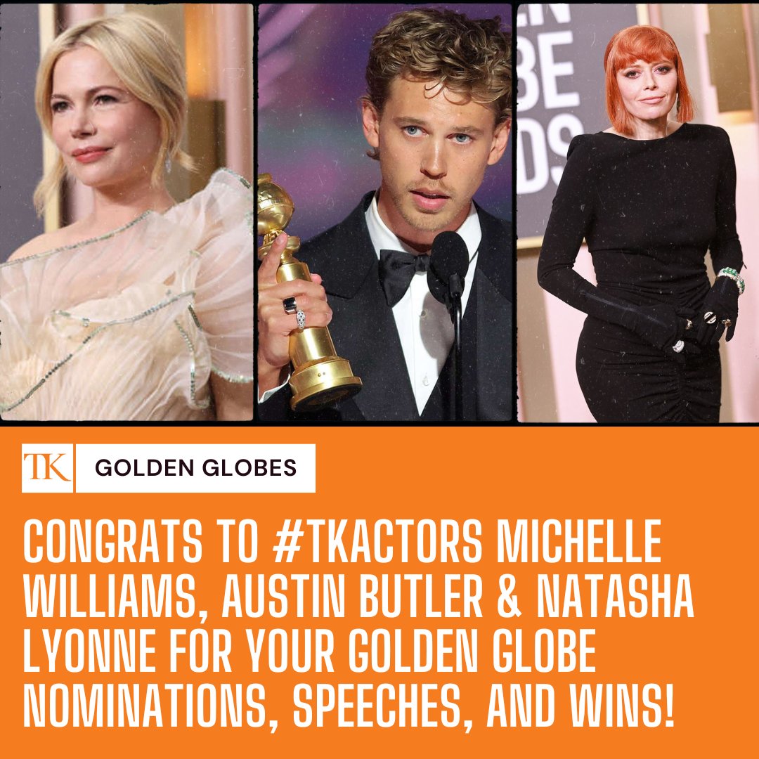 tknickerbocker's tweet photo. Holy Golden Globes! Congratulations to #TKActors Michelle Williams, Austin Butler and Natasha Lyonne for your GG nominations, speeches, and wins!
We're proud of you! ๐งก
#goldenglobes2023 #commitedtoexcellence #tkactors #tkpride https://t.co/c66H2aOsmU