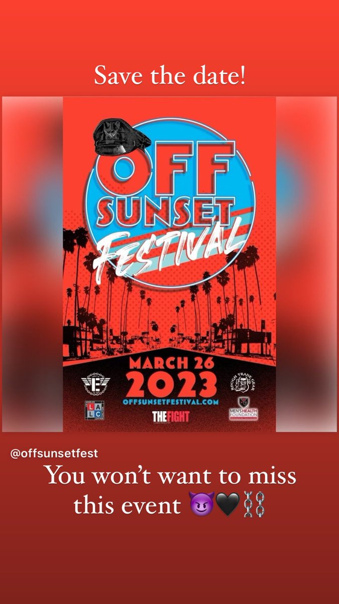 benorsonleather's tweet photo. Be sure to save the date! 🖤 
#offsunset #offsunsetfestival #lalp #leatherpride #savethedate https://t.co/h0qcShsw8o