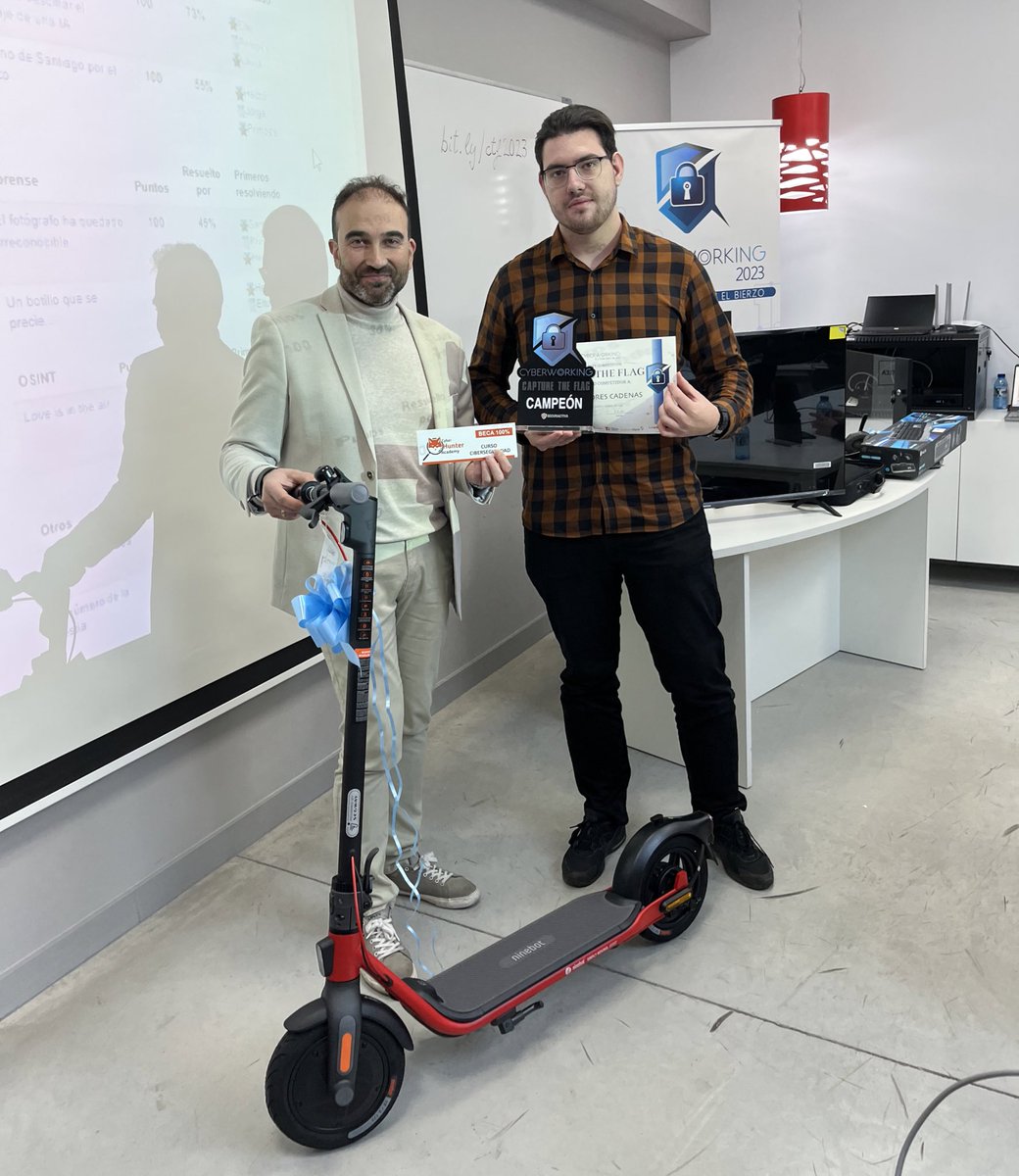 Cyberworking's tweet photo. 🏆 Ganadores CTF 2023 🏆

🥇Carlos Amores - 1000 puntos

Patinete eléctrico, trofeo y beca en @CyberHunterSec 🔎 https://t.co/ZIbHR7xDgk