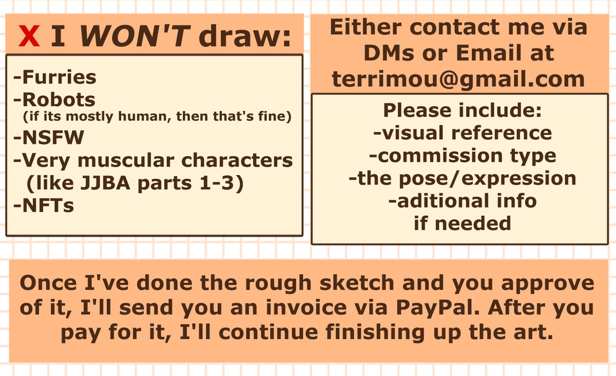 TerrifiedMouse's tweet image. Updating my old art comms sheet. If there are any questions, feel free to message me and I'll try my best to reply! Also, I'll be testing out another comm type that you can check in the replies.