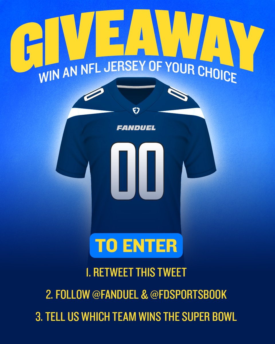 FanDuel's tweet image. 🚨 GIVEAWAY 🚨

The NFL Playoffs are here, so we're giving away an NFL jersey of your choice! 

To enter:
1⃣ Retweet
2⃣ Follow @FanDuel AND @FDSportsbook 
3⃣ Reply with your Super Bowl pick 

1 random winner will be chosen on 1/20

Rules: linktr.ee/FanDuel