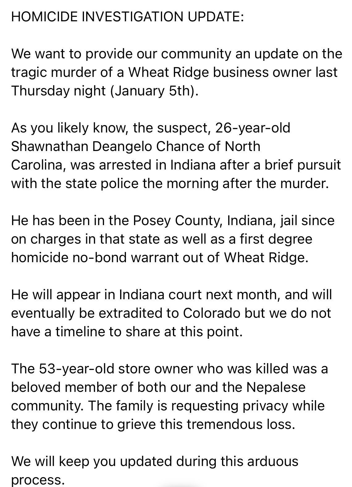 Wheat Ridge Police on Twitter "UPDATE on homicide investigation in