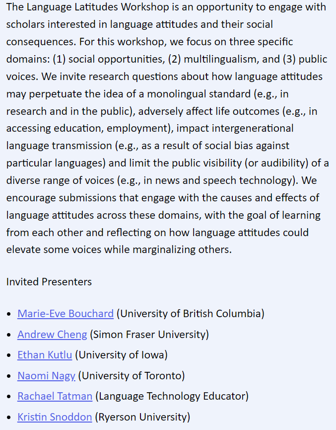 Calling all sociolinguists! The "Language Latitudes" workshop <a href="/UBCLinguistics/">UBC Linguistics</a> will feature research on the social and linguistic consequences of positive and negative attitudes toward languages/language varieties. Submit your abstract by Jan. 16! blogs.ubc.ca/languagelatitu…