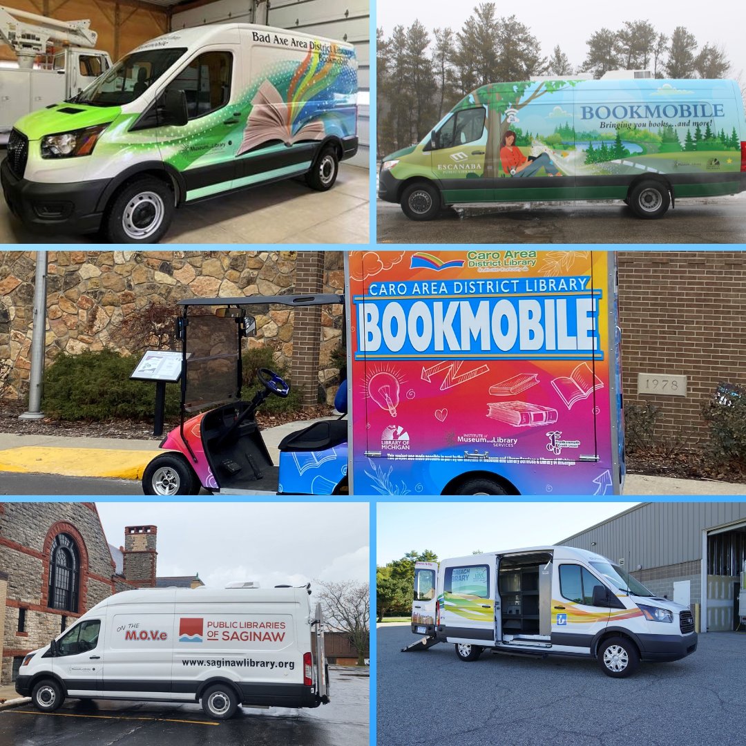 5 new bookmobiles are hitting the road in 2023, thanks to LM's #ARPA funds through @us_imls. Congrats to Bad Axe Area District Library, Escanaba Public Library, Caro Area District Library, @saginawlibrary, & Muskegon Area District Library! #MiLibraries #Bookmobiles #IMLSgrant