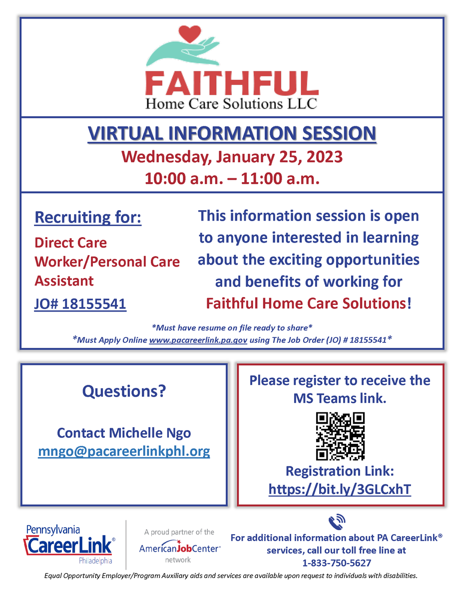 FHCS_HR's tweet photo. #FaithfulHomeCareSolutions has partnered with #PACareerLink #Philadelphia in #HIRING for #Caregivers #DCW #HomeHealthAide #PersonalCareAssistant roles!
Please join us for this #VirtualInformationSession! 💻
Register here to receive the MS Teams link:
➡ https://t.co/2ESMyCFl6W https://t.co/BetP8SBiaK