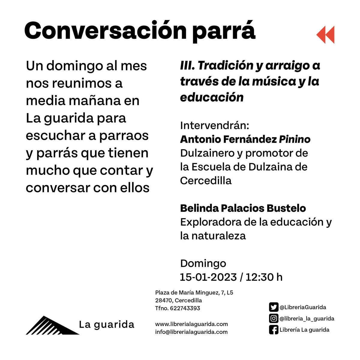 LibreriaGuarida's tweet photo. Este domingo tenemos #ConversaciónParrá en #LaGuarida 🌿❄️
Nuestros vecinos #AntonioFernández #Pinino y #BelindaPalaciosBustelo conversarán sobre #tradición y #arraigo a través de la #música y la #educación 🎶🌲
¡Os esperamos a las 12:30 h! 📚 https://t.co/MlyiZ57CUG
