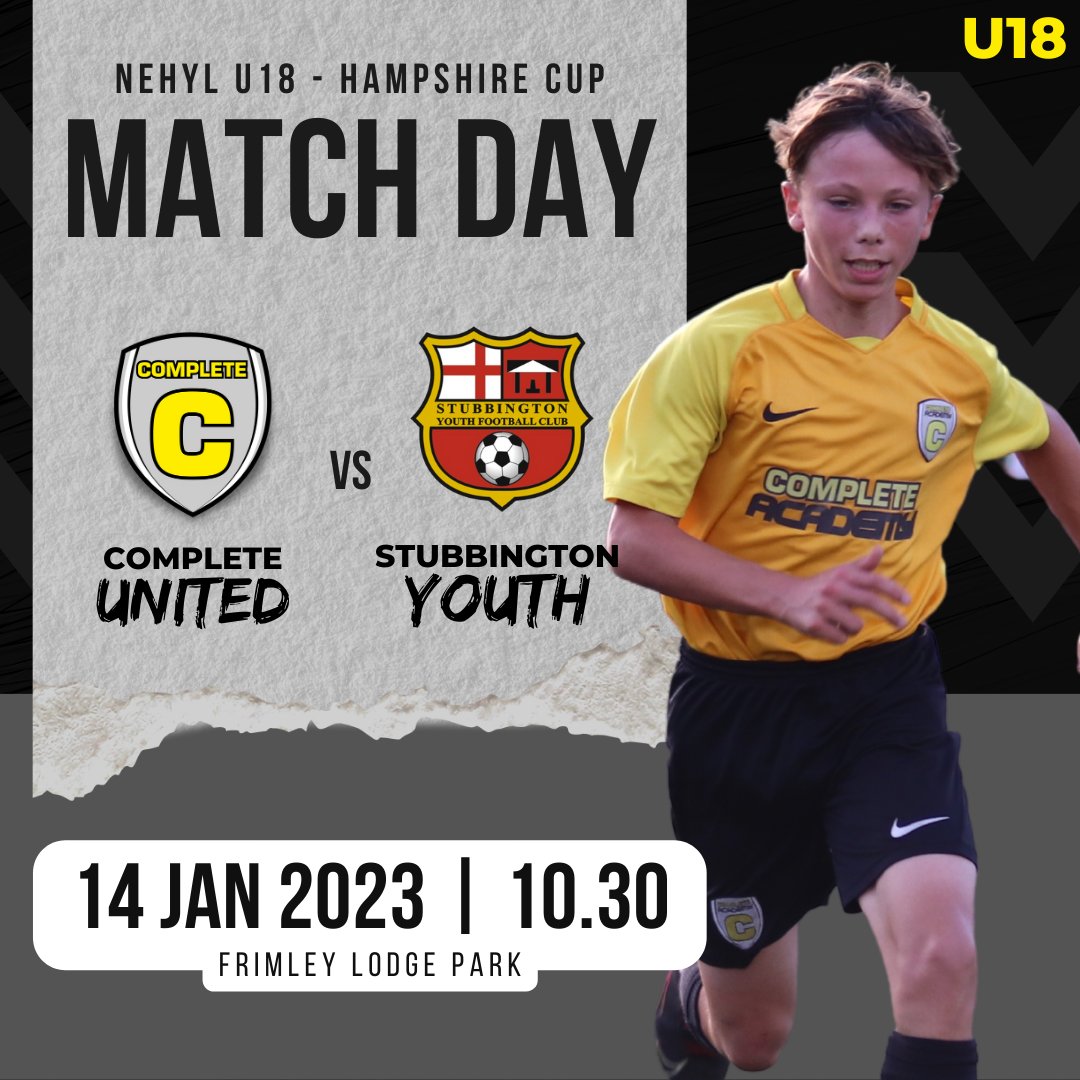 ⚽️ Complete United U18 Fixture ⚽️

🆚 STUBBINGTON YOUTH
📆 Saturday 14th January 2022
⏰ 10:30am KO
🏆 Hampshire Cup
🏟 Frimley Lodge Park 

#UTC #grassroots #grassrootsfootball #risingballers #futureballers
