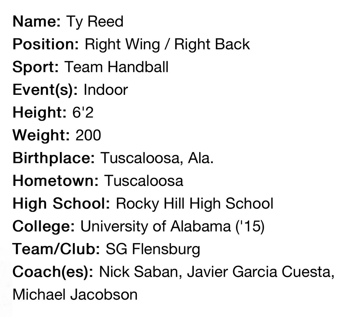 RedditCFB's tweet photo. US Men’s National Handball Team member Ty Reed, whose parents were both on the team in the ‘80s, played WR for Bama from 2010-14 and won 2 National Championships. https://t.co/SFUA36PoOM