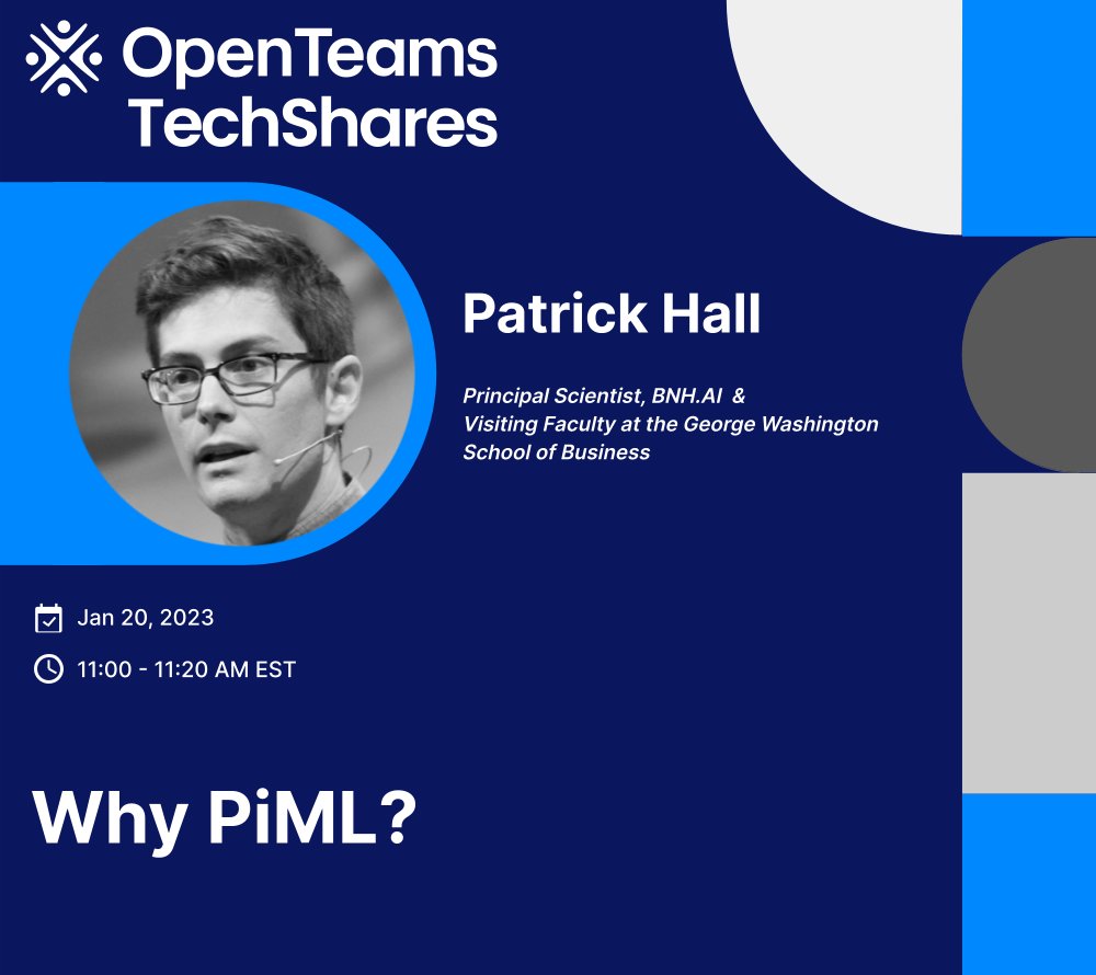 openteamsinc's tweet image. Join us as @jpatrickhall surveys how PiML can help you streamline model development and address challenges in transparency, fairness, and other areas as you harness the power of ML for your work. 

🗓️ Jan 20
🕚 11 AM EST

Register: hopin.com/events/quality…

#TechShares