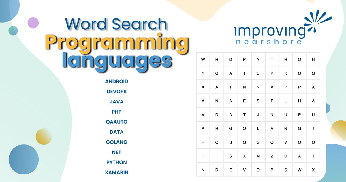 ImprovingMxJobs's tweet image. Dive into the exciting world of coding languages!
The first three you find you will have to learn this year! Deal!? 😄
#Improving #ImprovingNearshore #CodingLanguages #WordSearch #Programmin