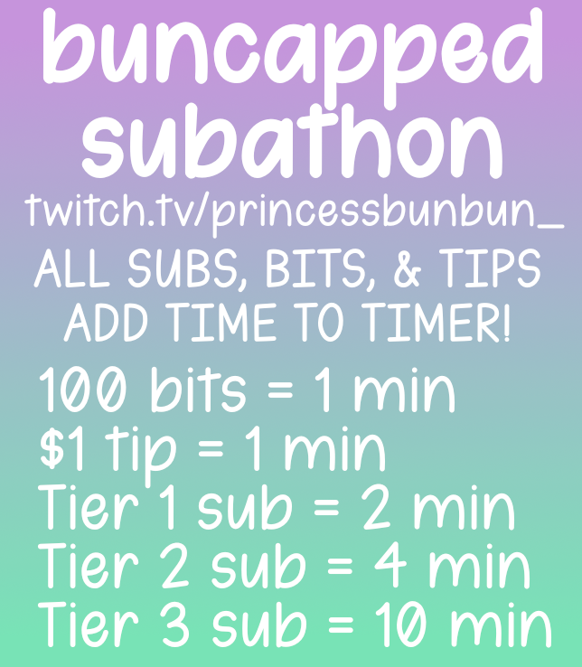 princesssbunbun's tweet image. 🎉 buncapped subathon starts TOMORROW (11am PST)! celebrating 2 years of full time streaming! 🎉

we'll start with 12 hours on the clock, &amp;amp; all subs/bits/tips will add time to the timer!

i won't be sleeping on stream but i'll stream every day til the timer runs out!