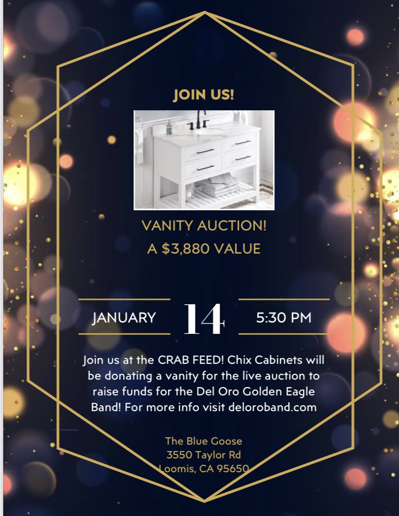 ChixCabinets's tweet photo. We love Charity! Another great event to donate a vanity for auction while eating one of my favorites! Crab Feed at The Blue Goose! Details in the flyer! #chixcabinets #crab #crabfeed #deloro #bluegoose #vanity #auction #charity https://t.co/YKWZXuRMVy