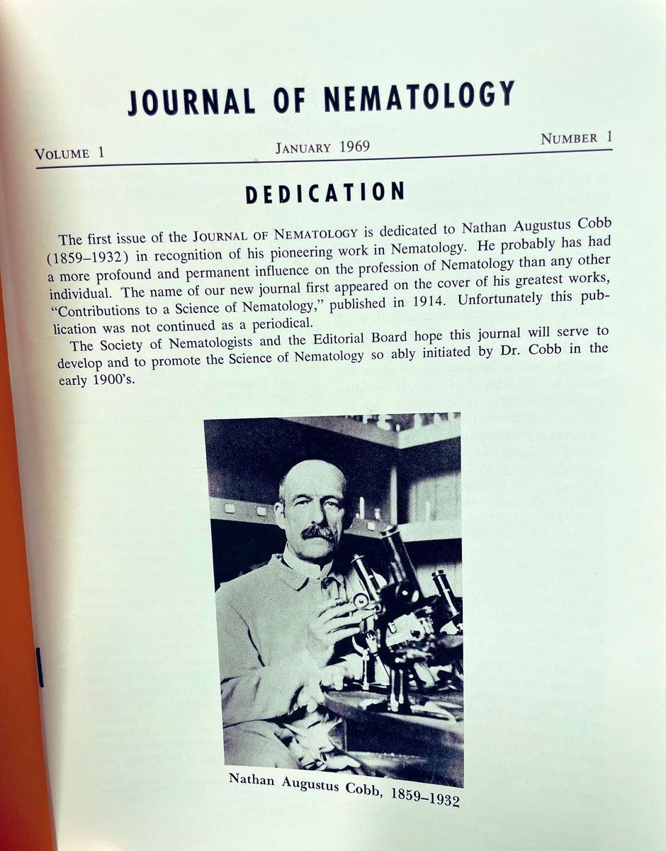 LesSchumacher's tweet photo. A bit of #nematology #history for you, @SON_nemaweb, @activeplantnema, and #nematologists:
The very first page of the first issue of the Journal of Nematology featured a dedication to Nathan A. Cobb (1859-1932) followed by a tribute by Edna Buhrer. https://t.co/SfbxwdqJ4D