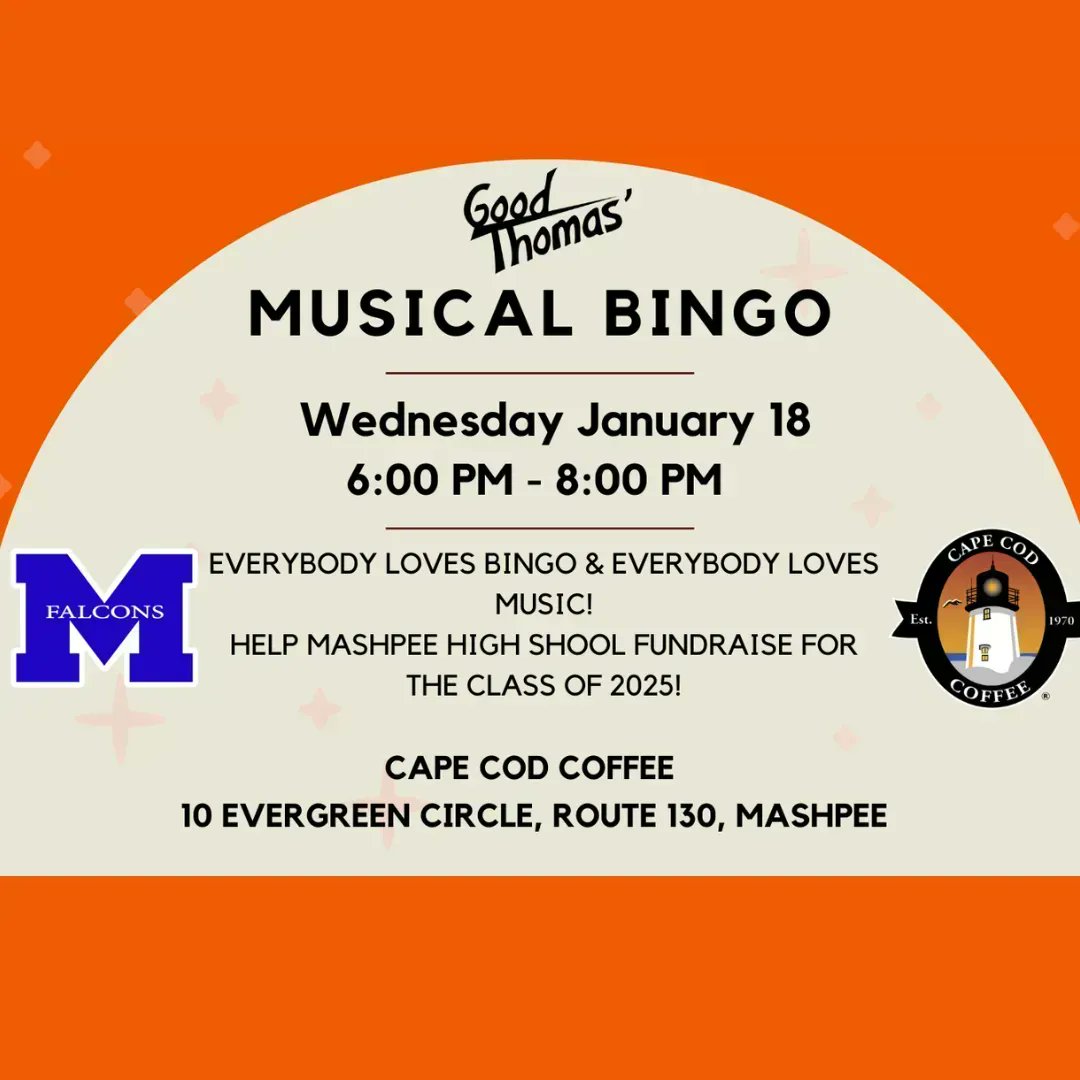 Support the Class of 2025 and join them as they host Musical Bingo, this Wednesday, at Cape Cod Coffee.
buff.ly/3CNKCQx 
#classof2025 #mashpee #mmhs <a href="/capecodcoffee/">capecodcoffee</a> @mmhsclassof2025 <a href="/mashpeecommons/">Mashpee Commons</a>