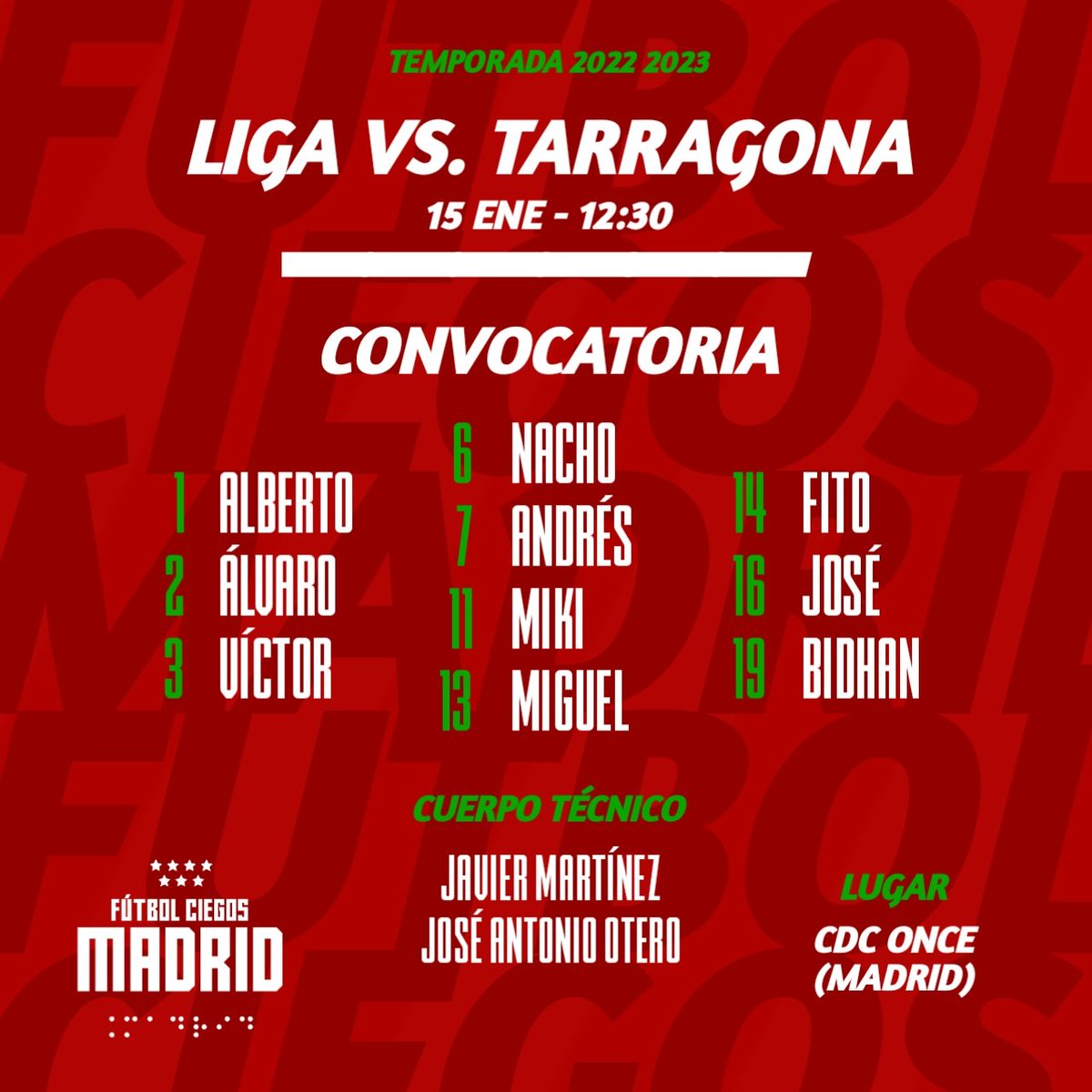 FCiegosMadrid's tweet photo. 📝CONVOCATORIA
.
Para la Jornada 3 de la temporada contra Tarragona 🟡🔴 han sido convocados los siguientes jugadores:
.
Jugadores:
Álvaro, Víctor, Nacho, Andrés, Miki, Fito, José y Bidhan.
Porteros:
Alberto y Miguel.
Cuerpo técnico:
Javier Martínez y José Antonio Otero. https://t.co/GIfFazpdmc