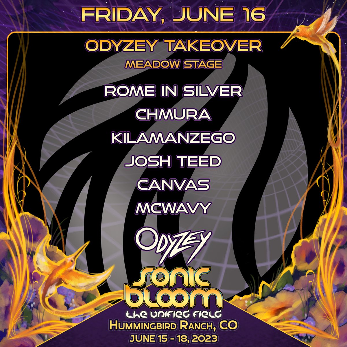 SONIC_BLOOM's tweet photo. Clozee’s Odyzey record label will take over the Meadow Stage on Friday night!
Featuring: #RomeInSilver @romeinsilver #Chmura, #Kilamanzego, #JoshTeed, #Canvas & #McWavy!
@OdyzeyMusic
@CloZeeOfficial
#CloZee #Odyzey
#SONICBLOOM
#SONICBLOOM2023 https://t.co/kSMvWAMWut