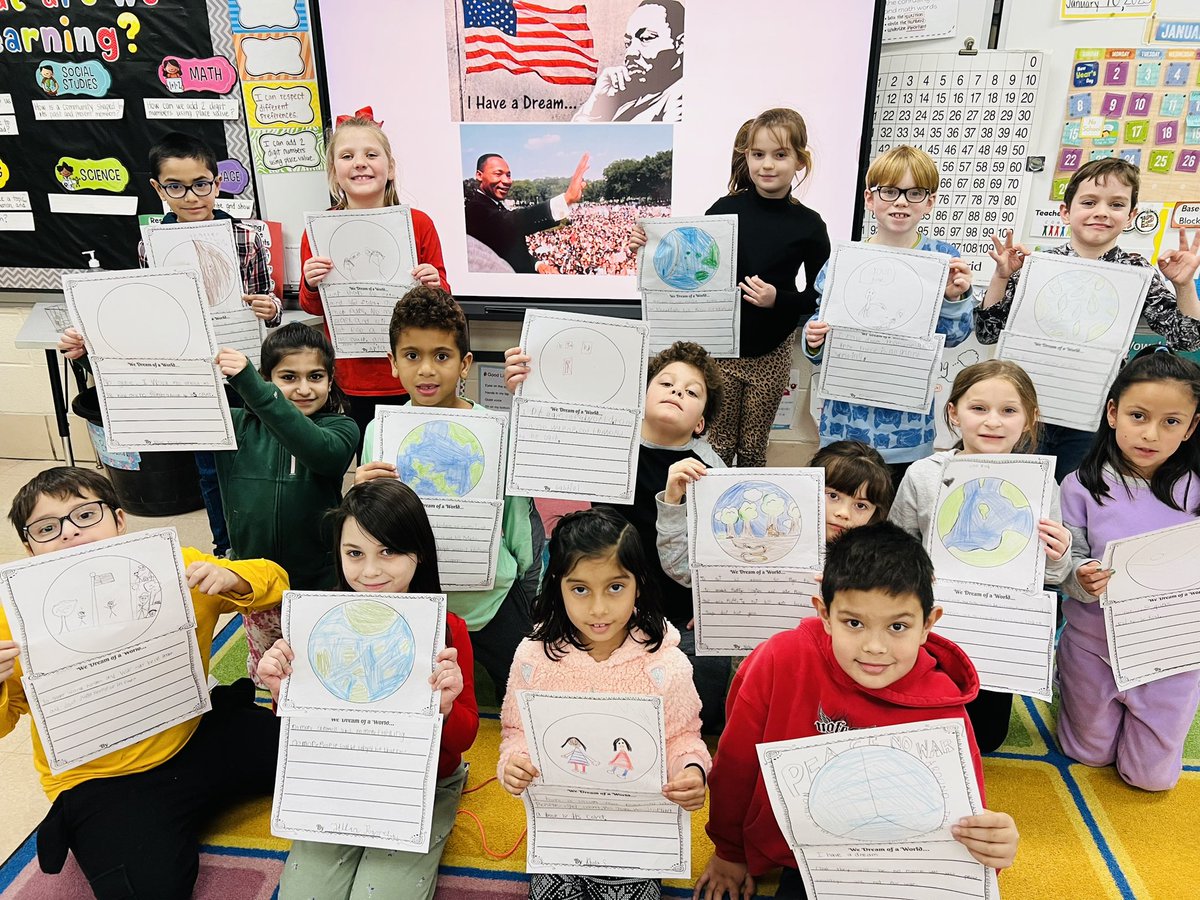 MrsBraaschOB's tweet photo. Our class dreams of a world… Nice enough not to kill Martin Luther King Jr.
That ends racism with black and white. 
That stops gun violence. 
That ends pollution &amp; global warming that kills animals. 
That treats people like it’s their birthday every day. #wdsd7 #MLKDay2023 https://t.co/sMTkw8XyGD