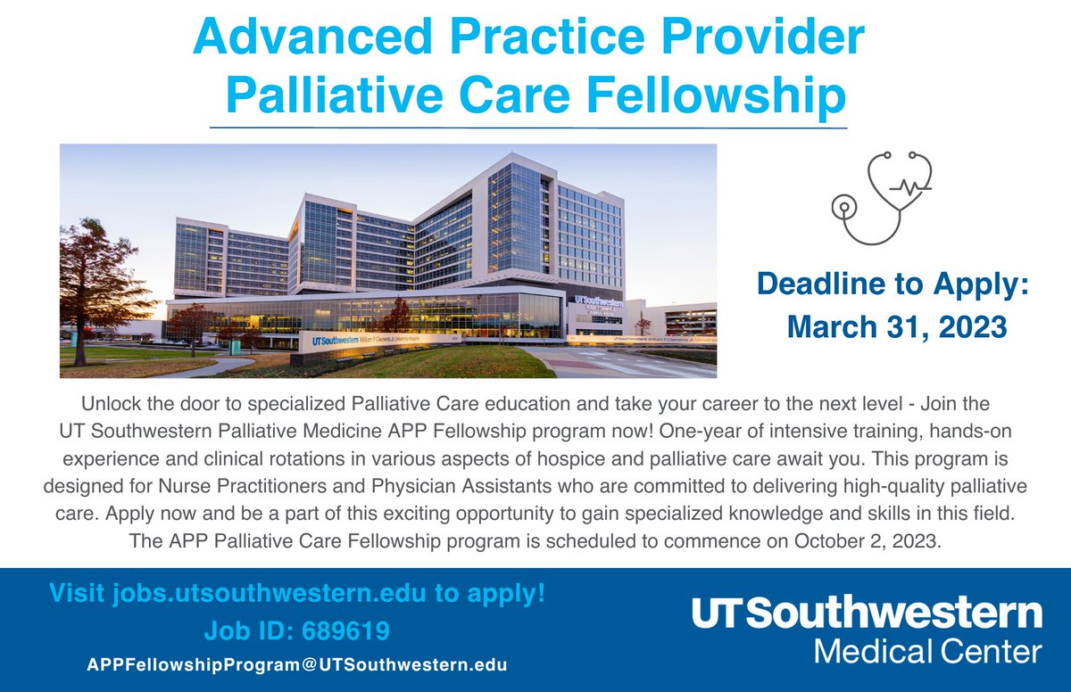 We have exciting news to share!  UT Southwestern palliative medicine Advanced care provider fellowship is scheduled to start in October 2023! 
#hapc